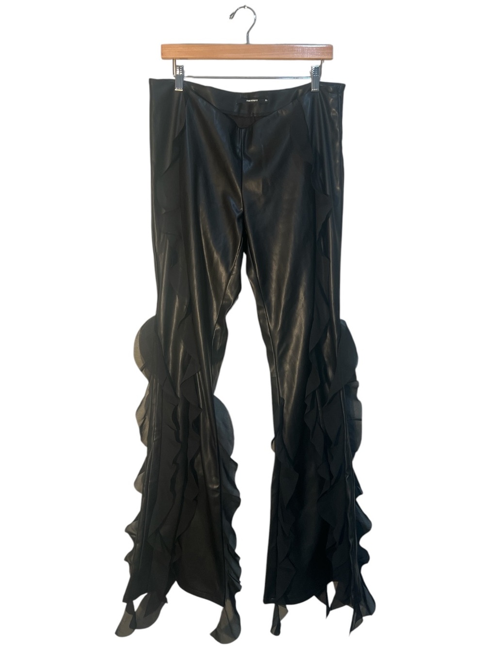 The Kript Orionna Faux Leather Ruffle Flare Pants Black XL Festival Goth